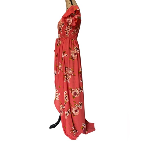 Privy Rose Floral Smocked High Low Wrap Style Flowy Front Tie Summer Sundress - Picture 3 of 11